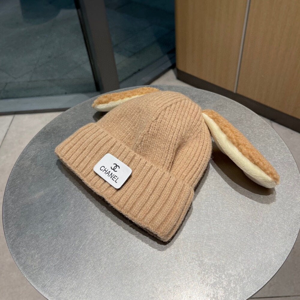 Chanel Bunny Ear Ribbed Knit Beanie in Camel